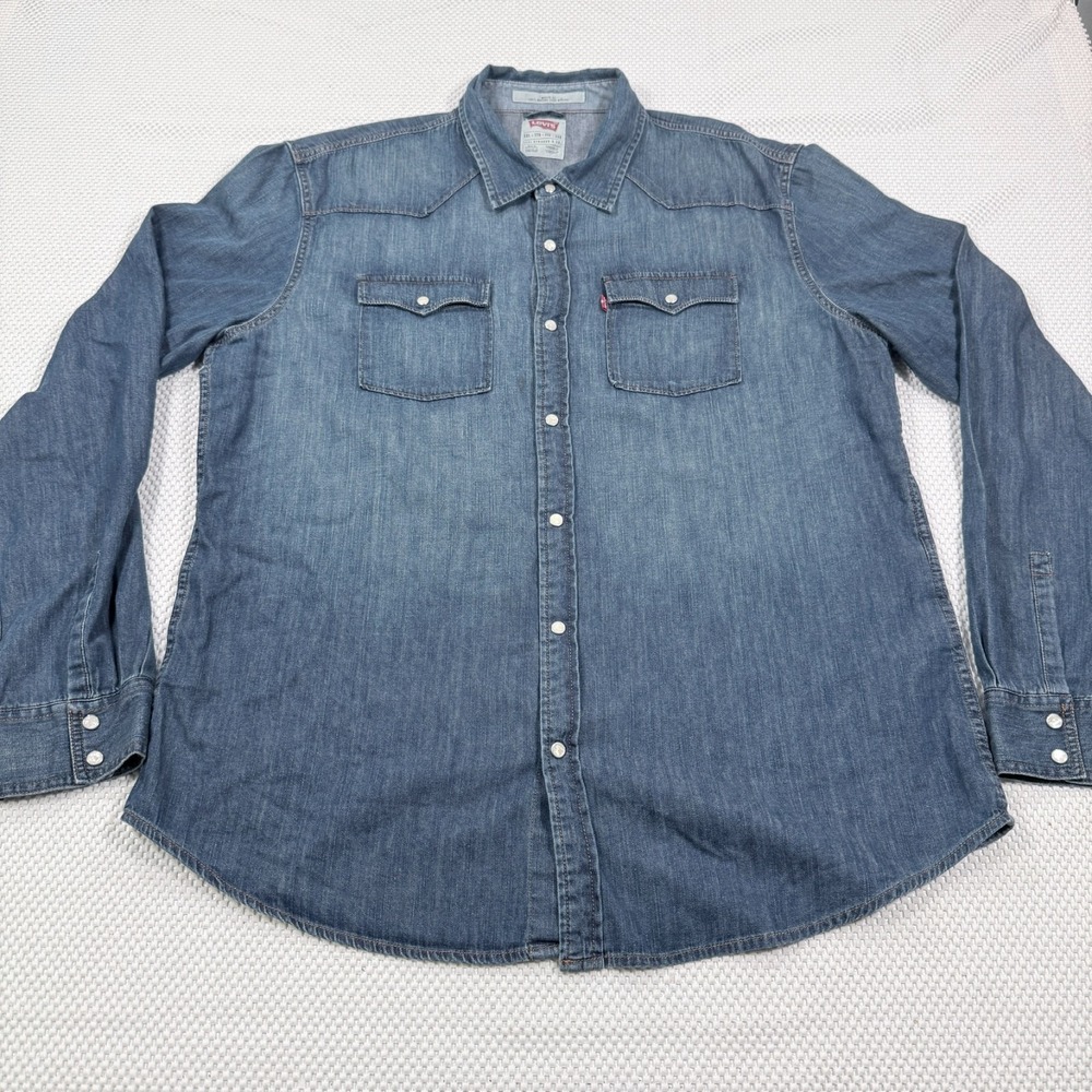 Levi's Mens XXL Denim Western Shirt Modern Fit Blue Pearl Snap Long Sleeve